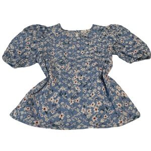 Free The Roses Floral Puff Sleeve Blouse Womens XS Blue Excellent Cotton Top